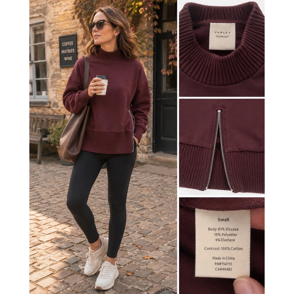 Varley DoubleSoft Sweatshirt S Burgundy Mock Neck Side Zip Oversized Pullover